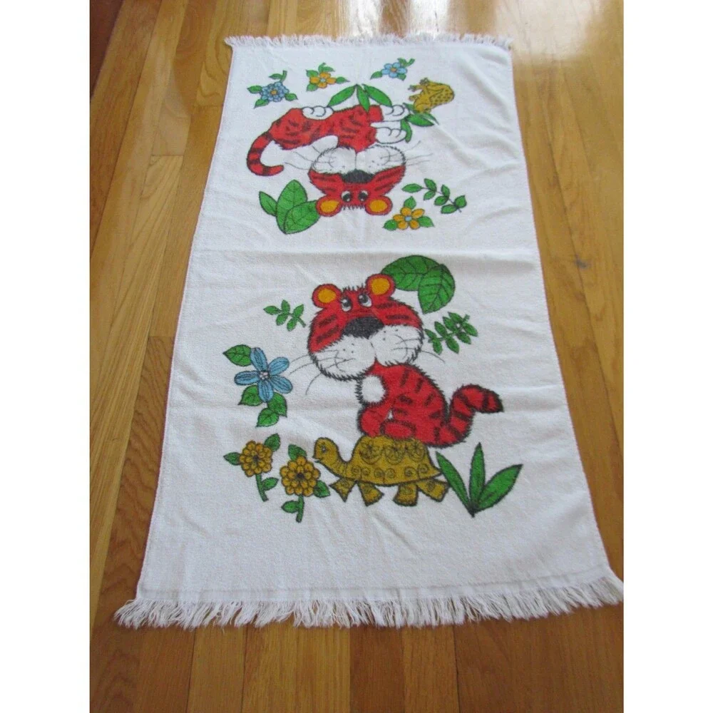 Vintage 1970s Cannon Bath Towel Monticello Tiger Frog Turtle Fringed